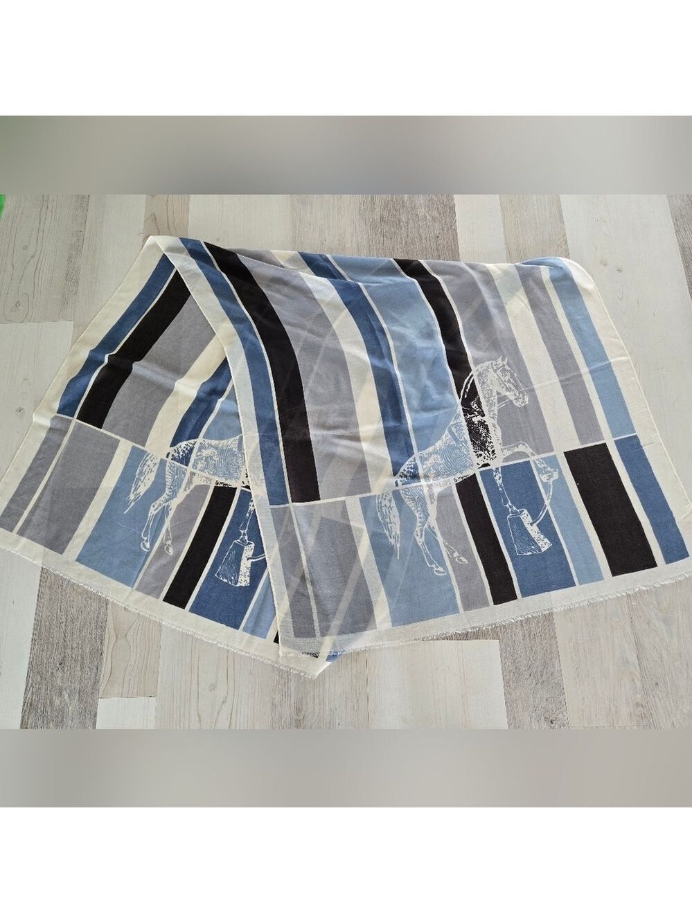 Horse Print Scarf Cotton & Viscose Navy Light Blue Oversised Echarpe